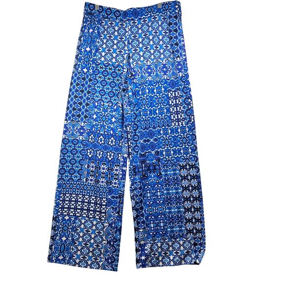 Isaac Mirzah Live Blue Floral Pull On Wide Leg Flowy Stretch Pants Womens Medium - Picture 1 of 13